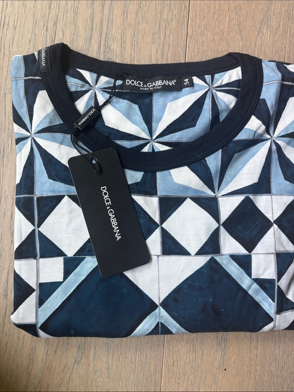 Dolce & Gabbana Blue and White Geometric Short Sleeve Tee
